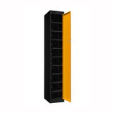 Probe PowerBox Locker — 10 Door, Flat Top, 3-Pin Mains + USB-A + USB-C Charging — Black Carcass / Yellow Doors