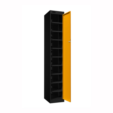 Probe PowerBox Locker — 10 Door, Flat Top, 3-Pin Mains + USB-A + USB-C Charging — Black Carcass / Yellow Doors