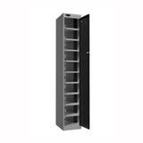 Probe PowerBox Locker — 10 Door, Flat Top, 3-Pin UK Mains Charging — Silver Carcass / Black Doors