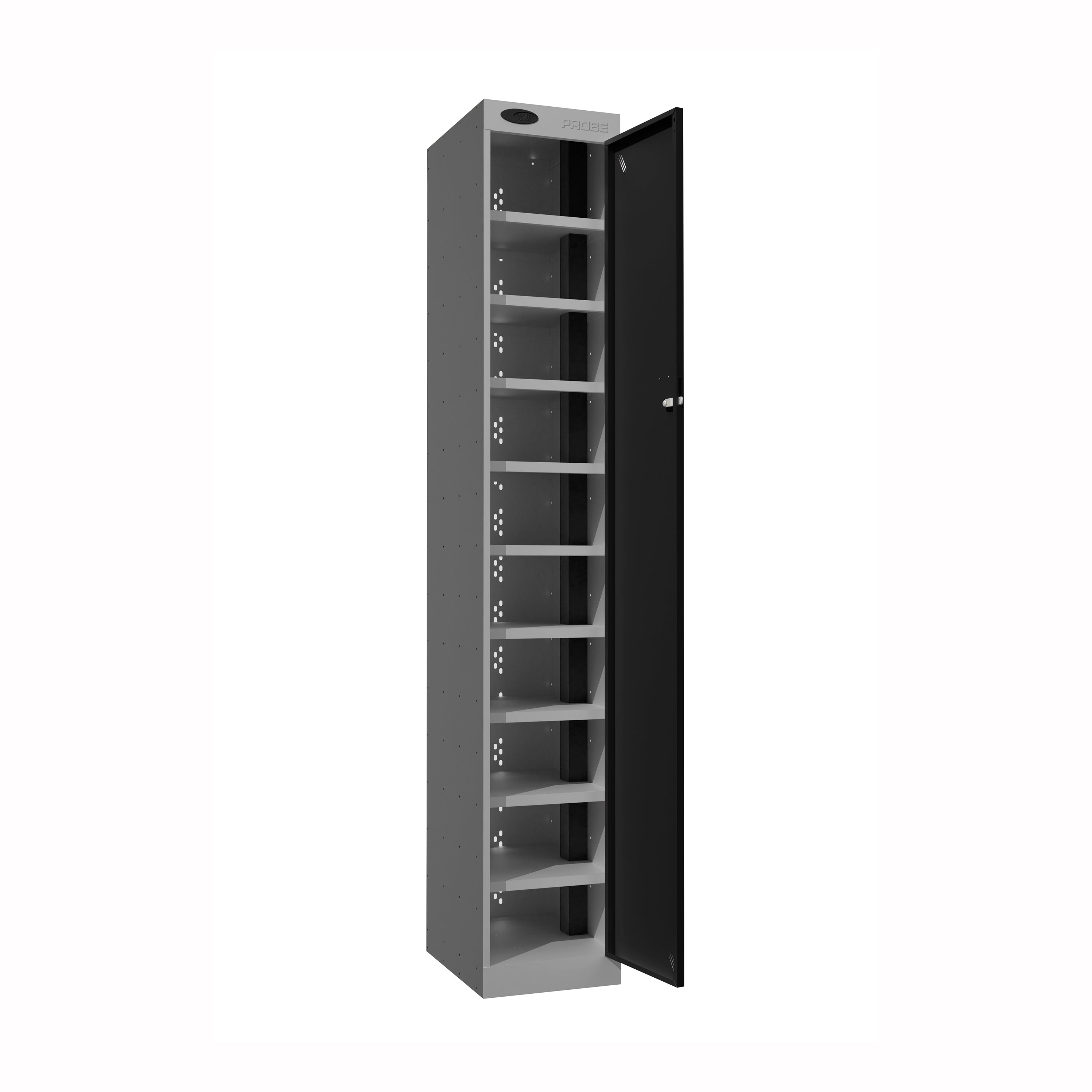 Probe PowerBox Locker — 10 Door, Flat Top, 3-Pin UK Mains Charging — Silver Carcass / Black Doors