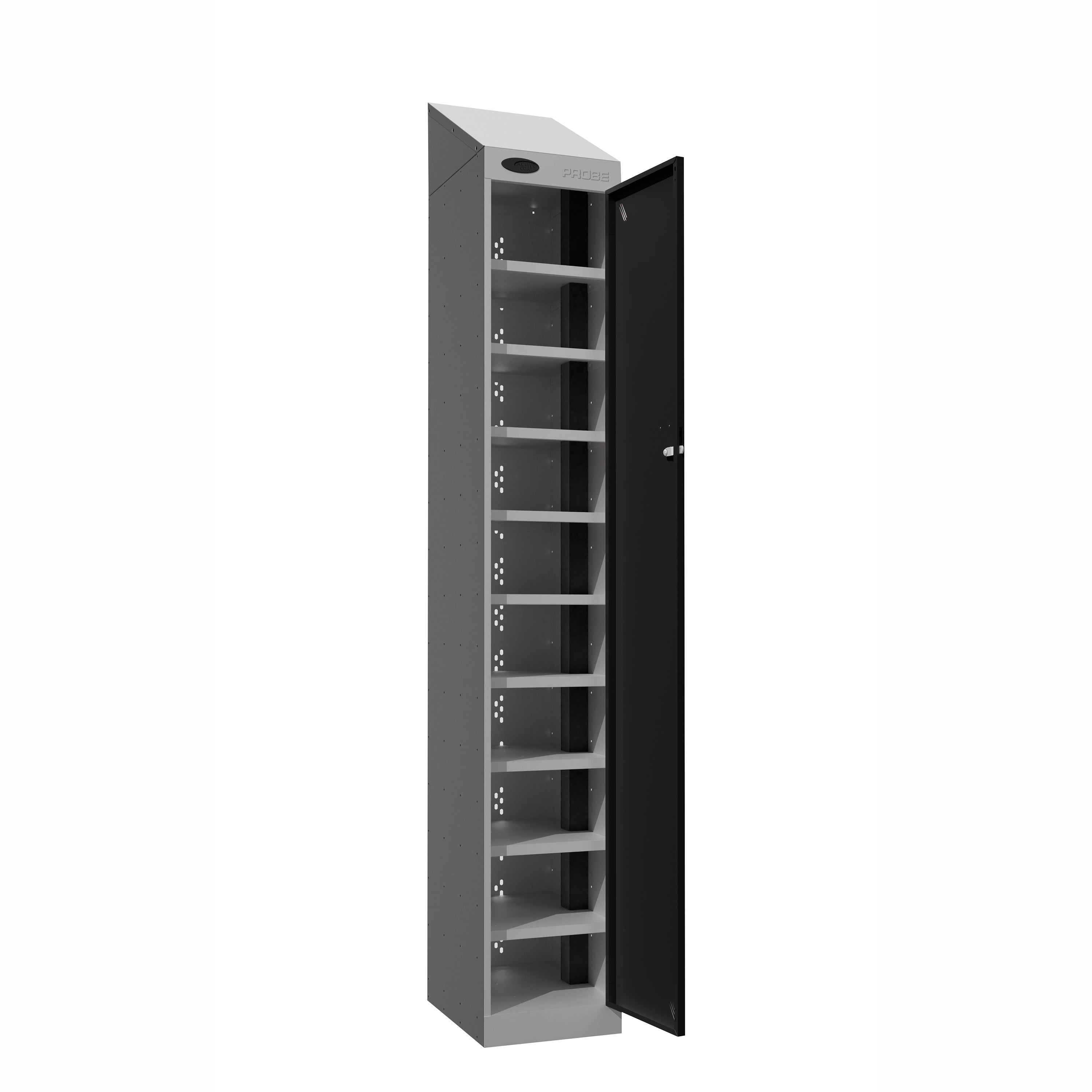 Probe PowerBox Locker — 10 Door, Sloping Top, 3-Pin Mains + USB-A + USB-C Charging — Silver Carcass / Black Doors
