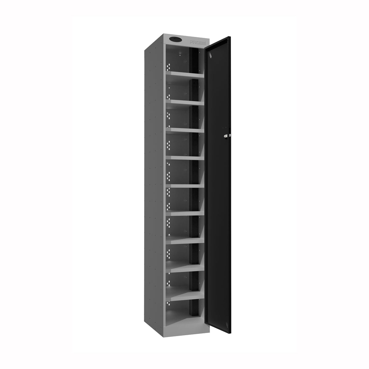 Probe PowerBox Locker — 10 Door, Flat Top, USB-A + USB-C Charging — Silver Carcass / Black Doors