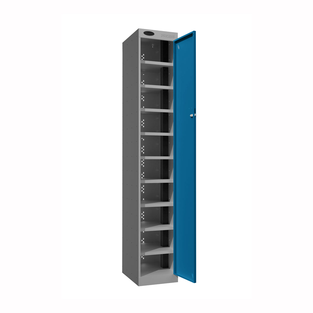 Probe PowerBox Locker — 10 Door, Flat Top, 3-Pin UK Mains Charging — Silver Carcass / Blue Doors