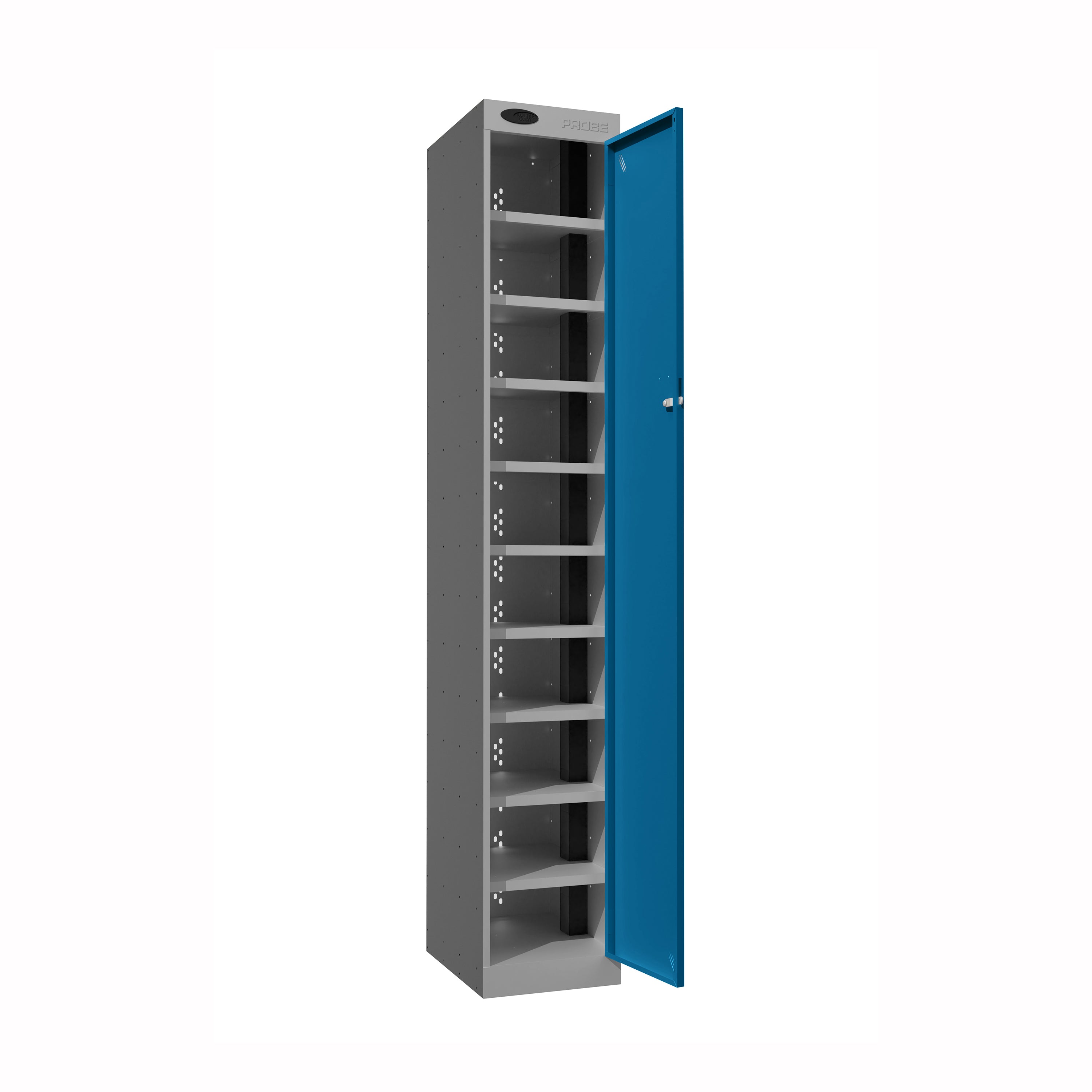 Probe PowerBox Locker — 10 Door, Flat Top, 3-Pin UK Mains Charging — Silver Carcass / Blue Doors