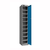 Probe PowerBox Locker — 10 Door, Flat Top, USB-A + USB-C Charging — Silver Carcass / Blue Doors