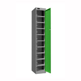 Probe PowerBox Locker — 10 Door, Flat Top, 3-Pin UK Mains Charging — Silver Carcass / Green Doors