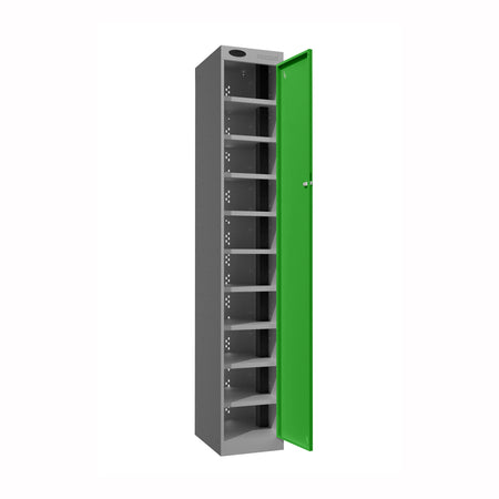 Probe PowerBox Locker — 10 Door, Flat Top, 3-Pin UK Mains Charging — Silver Carcass / Green Doors