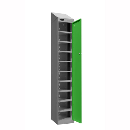 Probe PowerBox Locker — 10 Door, Sloping Top, USB-A + USB-C Charging — Silver Carcass / Green Doors