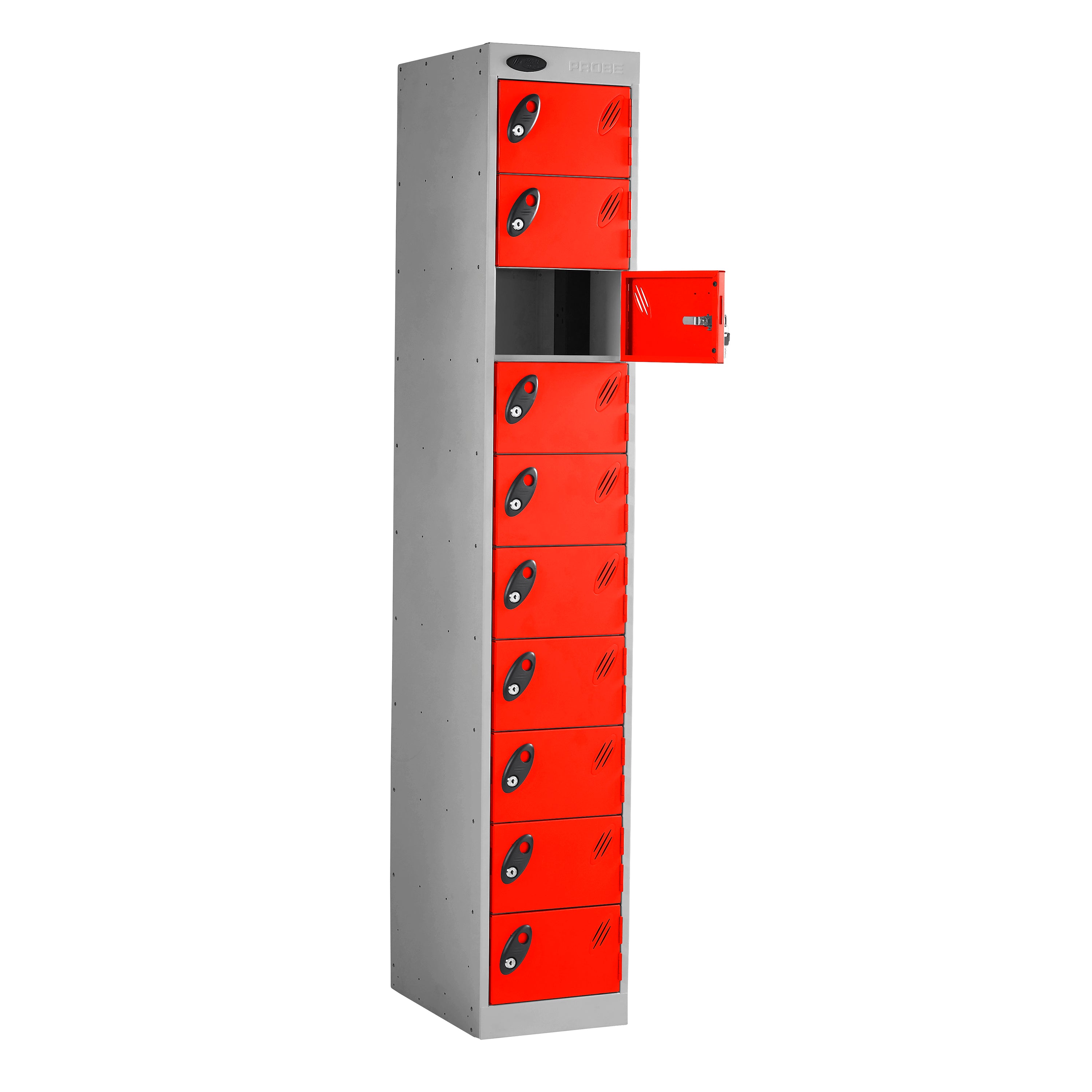Probe PowerBox Locker — 10 Door, Flat Top, 3-Pin UK Mains Charging — Silver Carcass / Red Doors