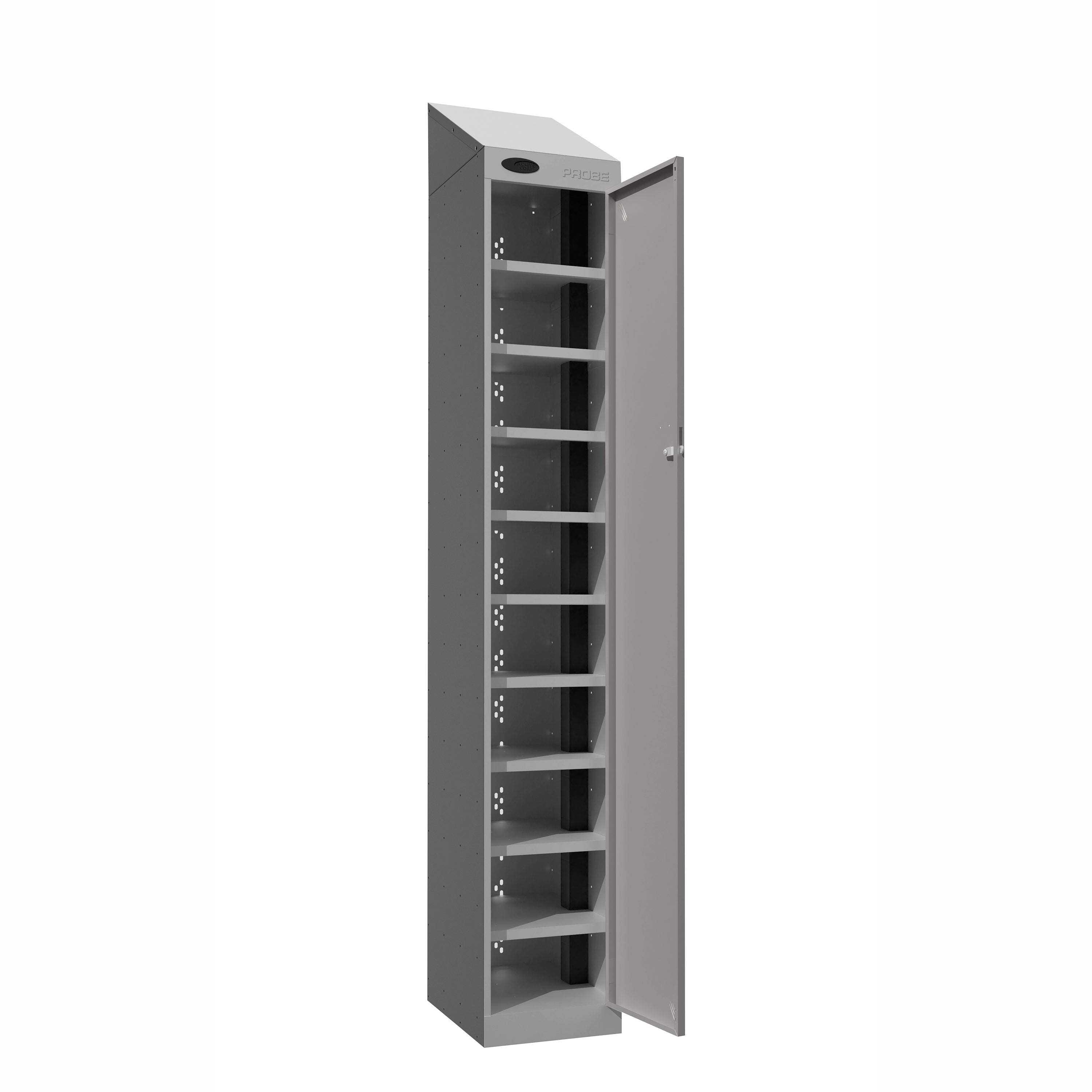 Probe PowerBox Locker — 10 Door, Sloping Top, 3-Pin UK Mains Charging — Silver Carcass / Silver Doors