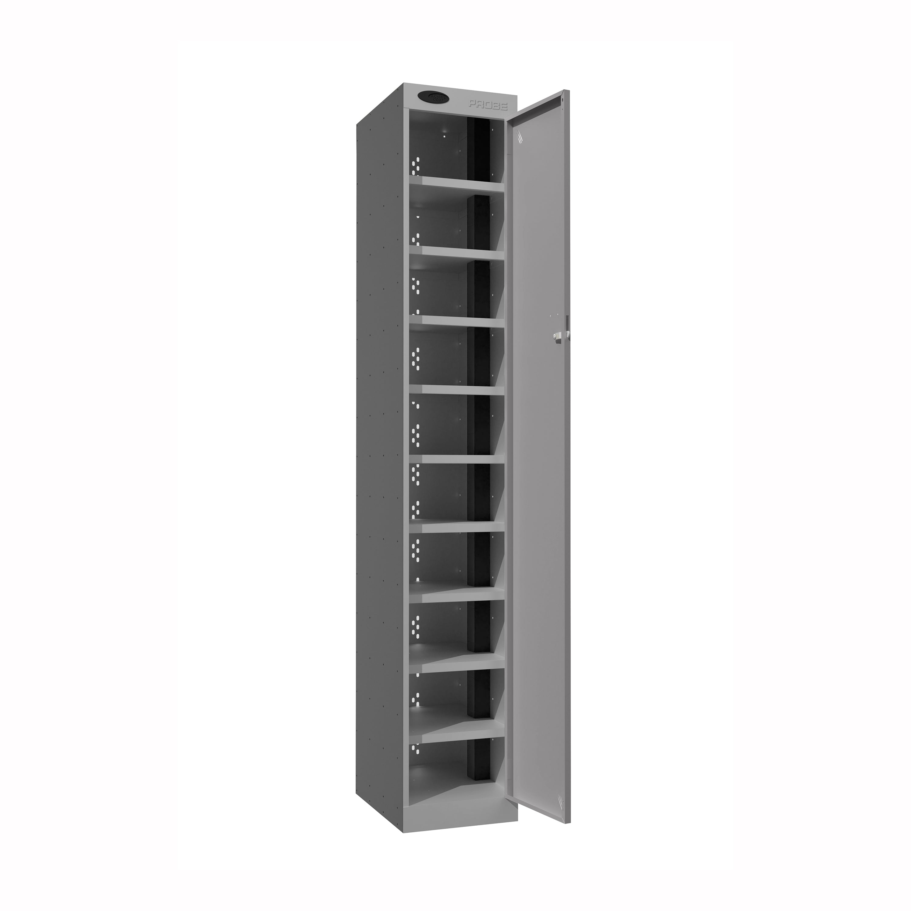 Probe PowerBox Locker — 10 Door, Flat Top, 3-Pin Mains + USB-A + USB-C Charging — Silver Carcass / Silver Doors
