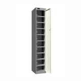 Probe PowerBox Locker — 10 Door, Flat Top, 3-Pin Mains + USB-A + USB-C Charging — Silver Carcass / White Doors