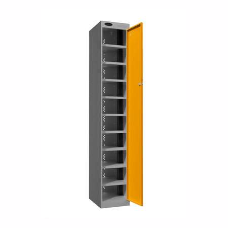 Probe PowerBox Locker — 10 Door, Flat Top, 3-Pin UK Mains Charging — Silver Carcass / Yellow Doors
