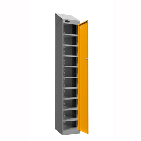 Probe PowerBox Locker — 10 Door, Sloping Top, 3-Pin Mains + USB-A + USB-C Charging — Silver Carcass / Yellow Doors