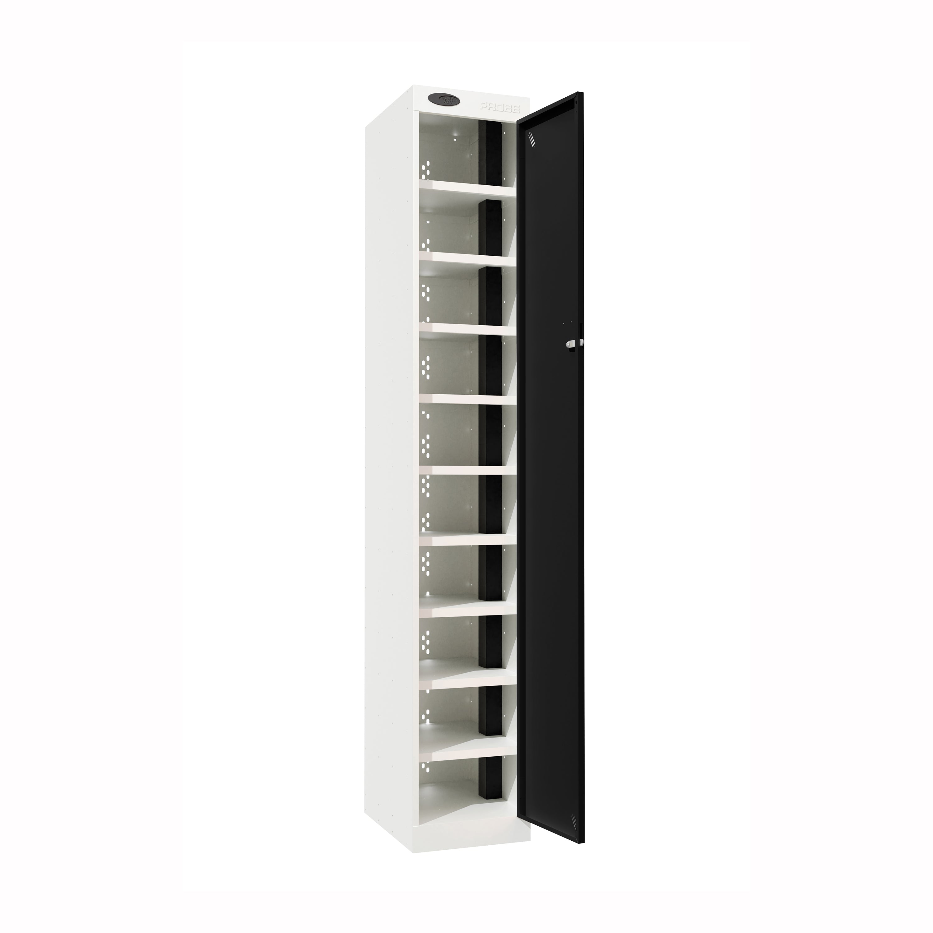 Probe PowerBox Locker — 10 Door, Flat Top, 3-Pin UK Mains Charging — White Carcass / Black Doors