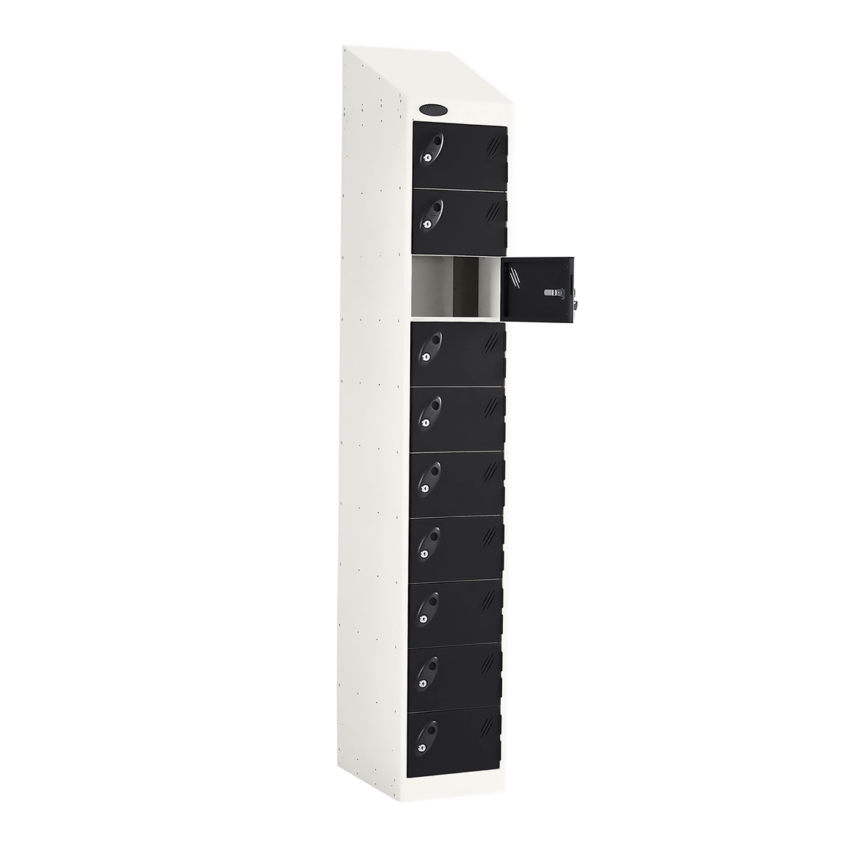 Probe PowerBox Locker — 10 Door, Sloping Top, 3-Pin UK Mains Charging — White Carcass / Black Doors