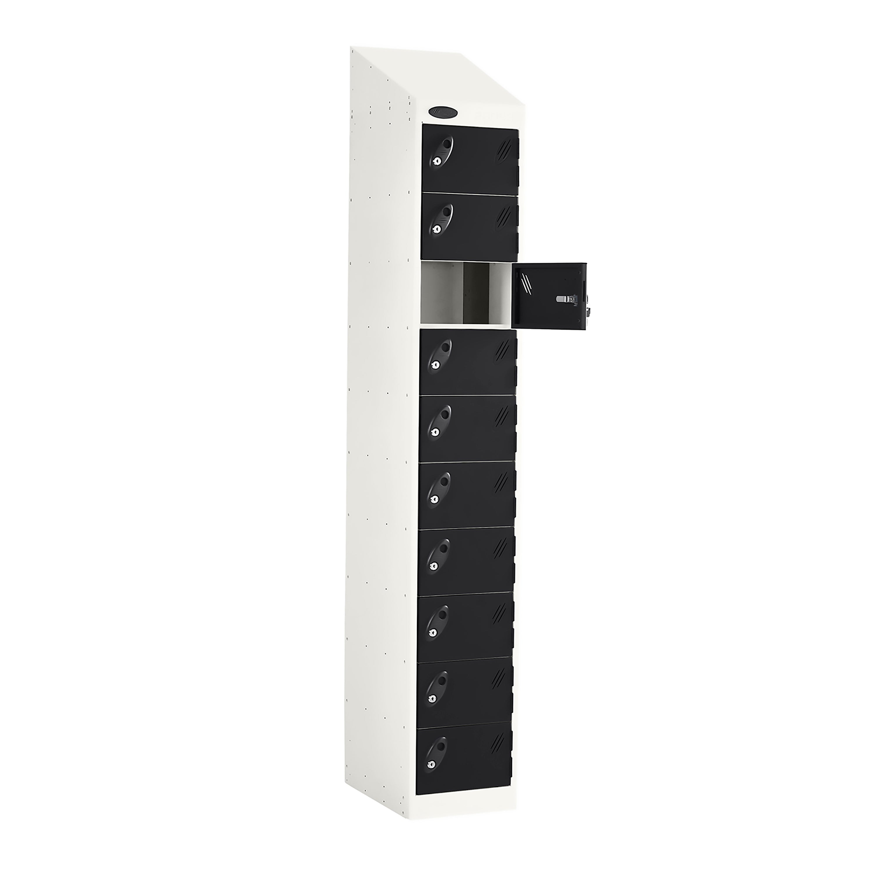 Probe PowerBox Locker — 10 Door, Sloping Top, 3-Pin UK Mains Charging — White Carcass / Black Doors