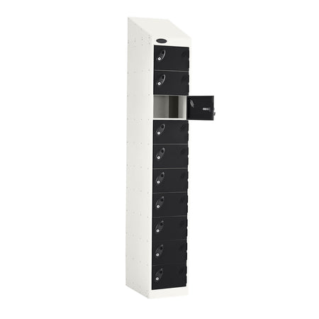 Probe PowerBox Locker — 10 Door, Sloping Top, 3-Pin UK Mains Charging — White Carcass / Black Doors