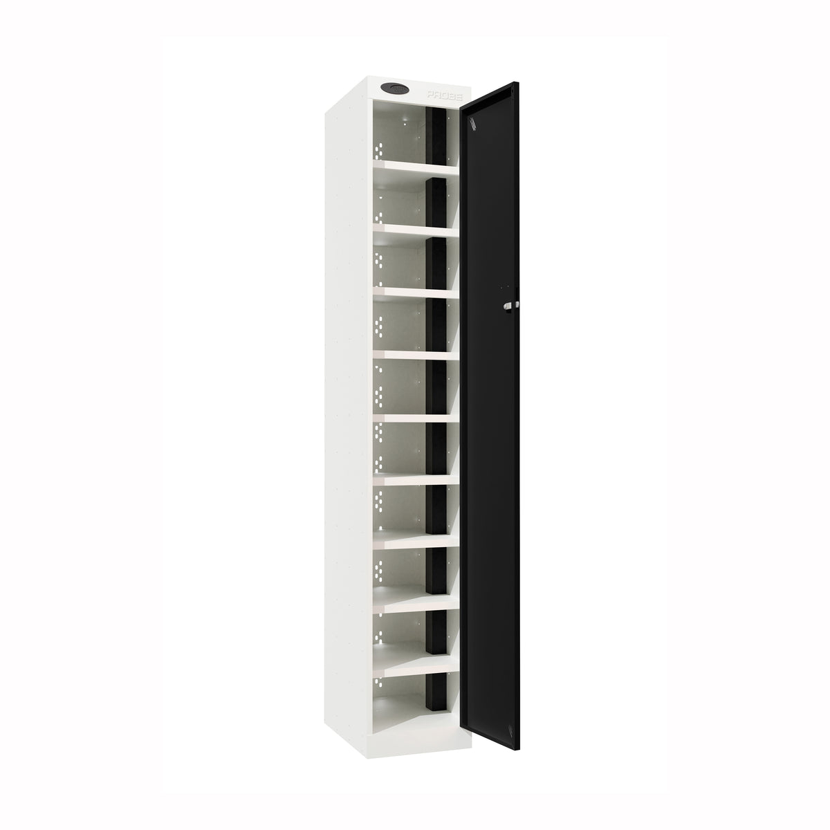 Probe PowerBox Locker — 10 Door, Flat Top, USB-A + USB-C Charging — White Carcass / Black Doors