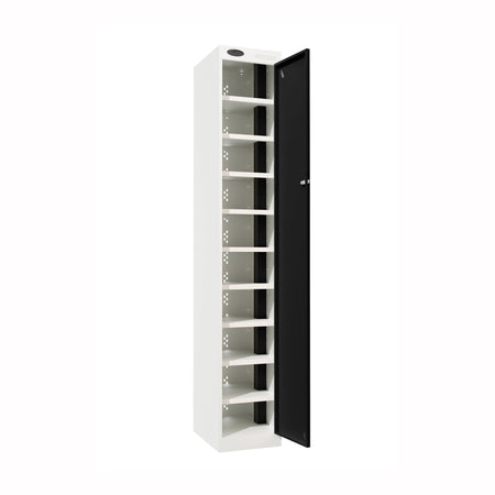Probe PowerBox Locker — 10 Door, Flat Top, 3-Pin Mains + USB-A + USB-C Charging — White Carcass / Black Doors