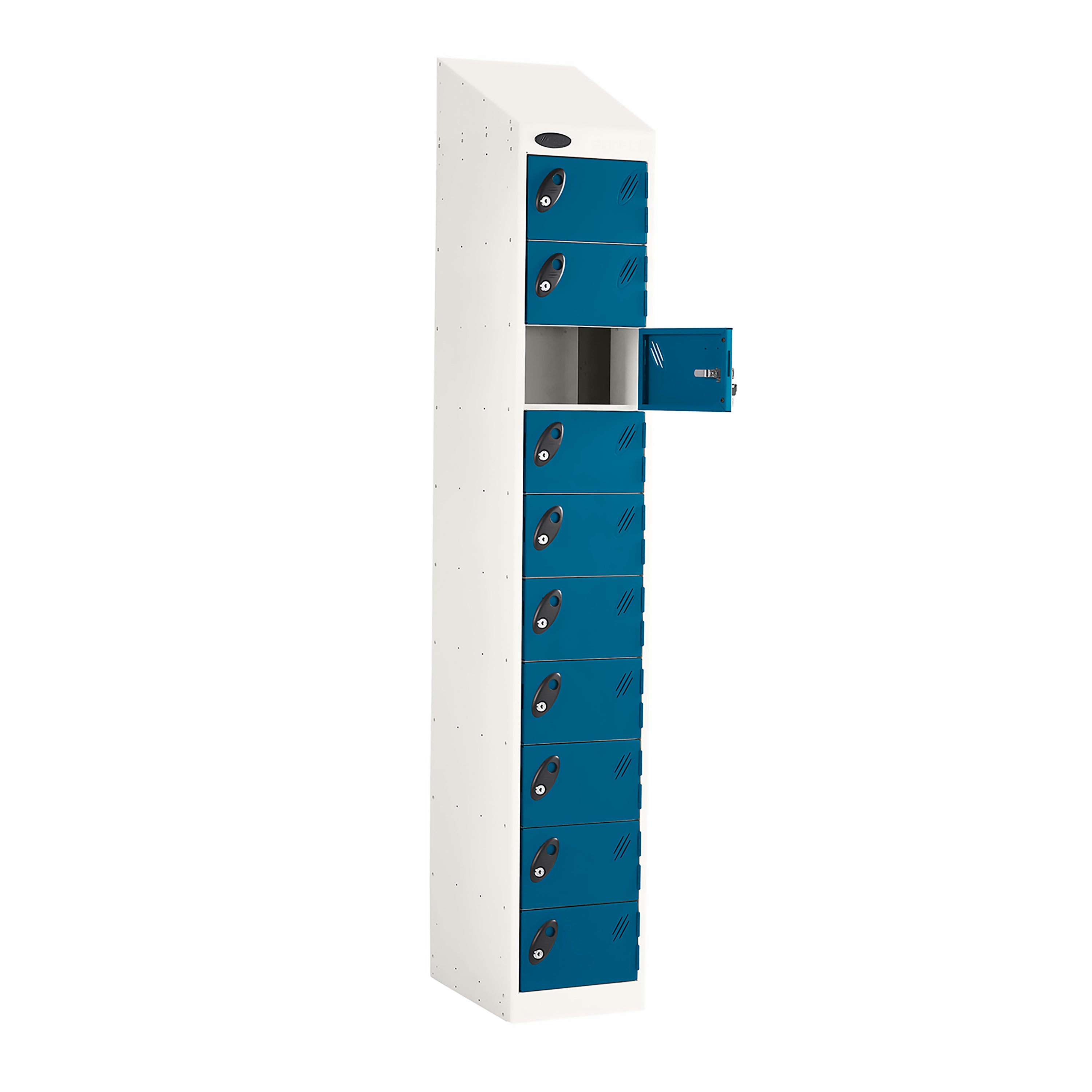 Probe PowerBox Locker — 10 Door, Sloping Top, USB-A + USB-C Charging — White Carcass / Blue Doors
