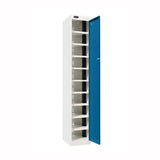 Probe PowerBox Locker — 10 Door, Flat Top, 3-Pin Mains + USB-A + USB-C Charging — White Carcass / Blue Doors