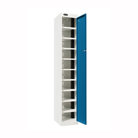 Probe PowerBox Locker — 10 Door, Flat Top, 3-Pin Mains + USB-A + USB-C Charging — White Carcass / Blue Doors