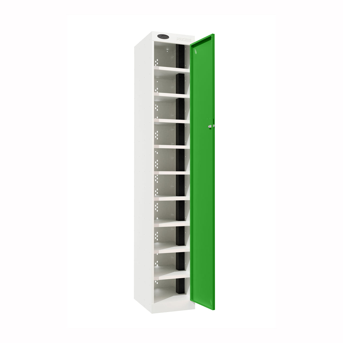 Probe PowerBox Locker — 10 Door, Flat Top, 3-Pin Mains + USB-A + USB-C Charging — White Carcass / Green Doors