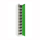 Probe PowerBox Locker — 10 Door, Flat Top, 3-Pin Mains + USB-A + USB-C Charging — White Carcass / Green Doors