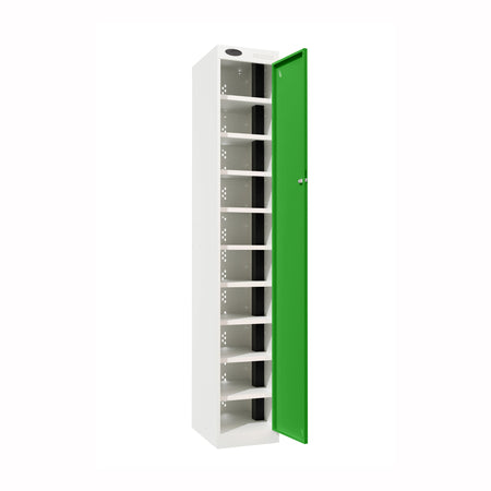Probe PowerBox Locker — 10 Door, Flat Top, USB-A + USB-C Charging — White Carcass / Green Doors