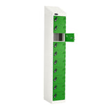 Probe PowerBox Locker — 10 Door, Sloping Top, 3-Pin Mains + USB-A + USB-C Charging — White Carcass / Green Doors