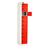 Probe PowerBox Locker — 10 Door, Flat Top, 3-Pin Mains + USB-A + USB-C Charging — White Carcass / Red Doors