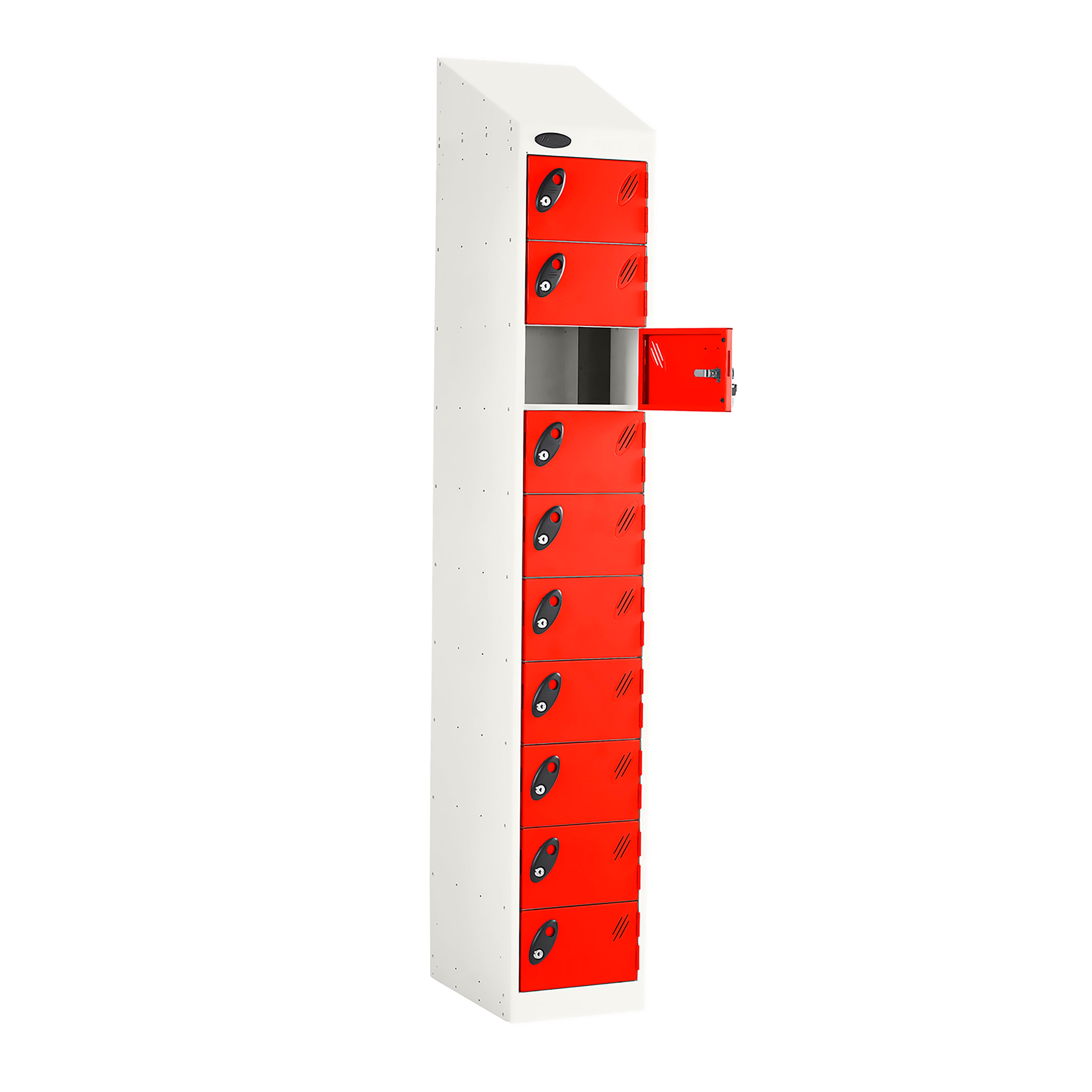 Probe PowerBox Locker — 10 Door, Sloping Top, USB-A + USB-C Charging — White Carcass / Red Doors