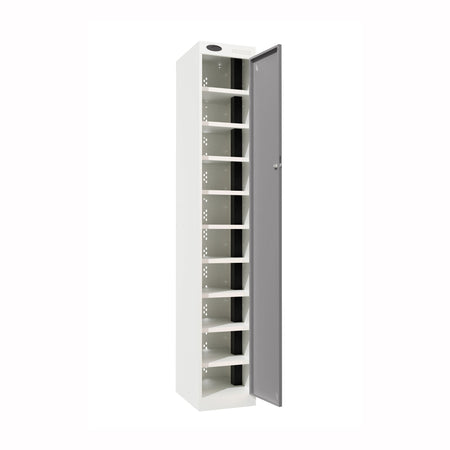 Probe PowerBox Locker — 10 Door, Flat Top, 3-Pin UK Mains Charging — White Carcass / Silver Doors