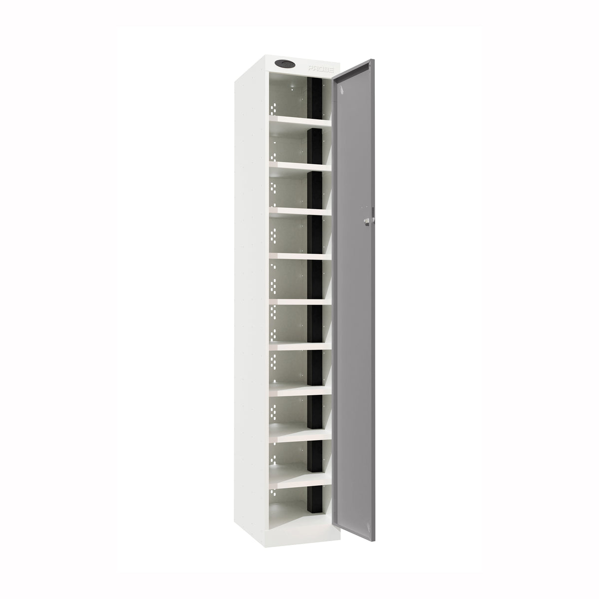 Probe PowerBox Locker — 10 Door, Flat Top, 3-Pin Mains + USB-A + USB-C Charging — White Carcass / Silver Doors