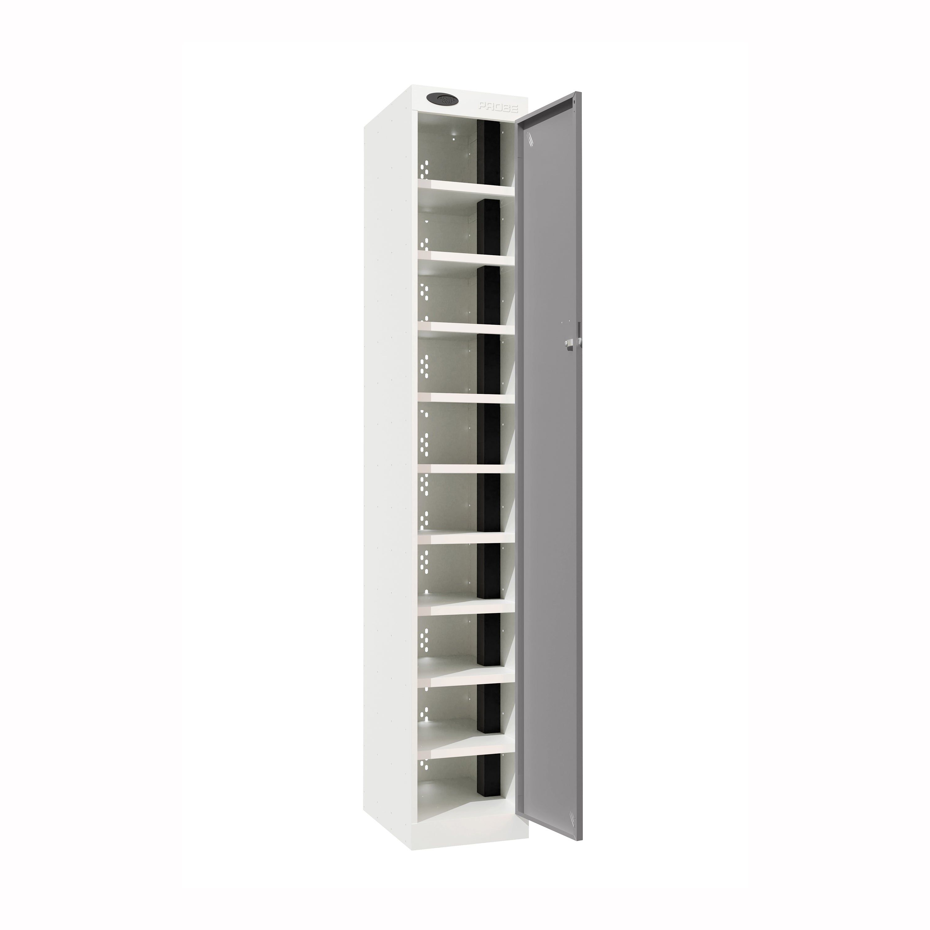 Probe PowerBox Locker — 10 Door, Flat Top, 3-Pin Mains + USB-A + USB-C Charging — White Carcass / Silver Doors