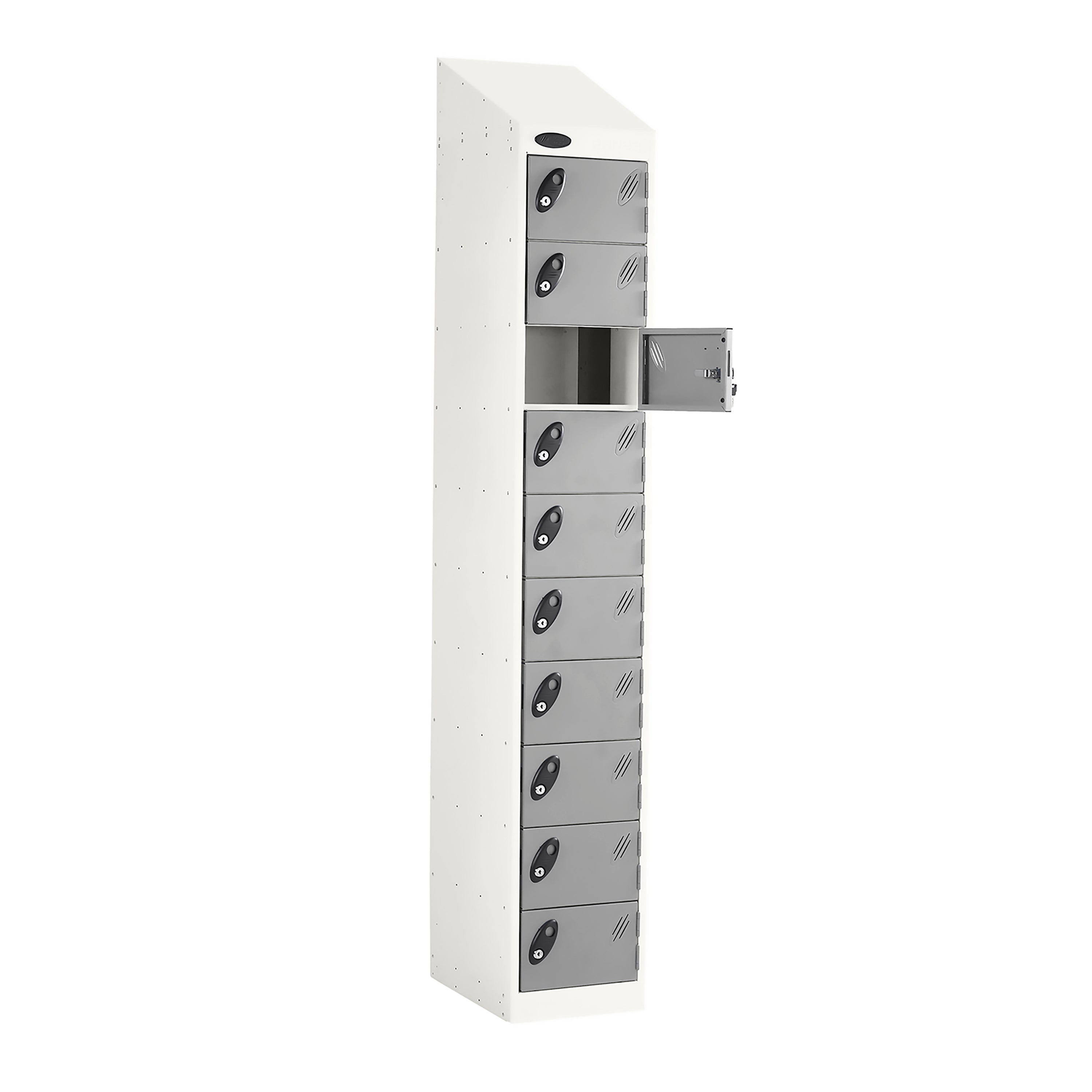 Probe PowerBox Locker — 10 Door, Sloping Top, 3-Pin Mains + USB-A + USB-C Charging — White Carcass / Silver Doors