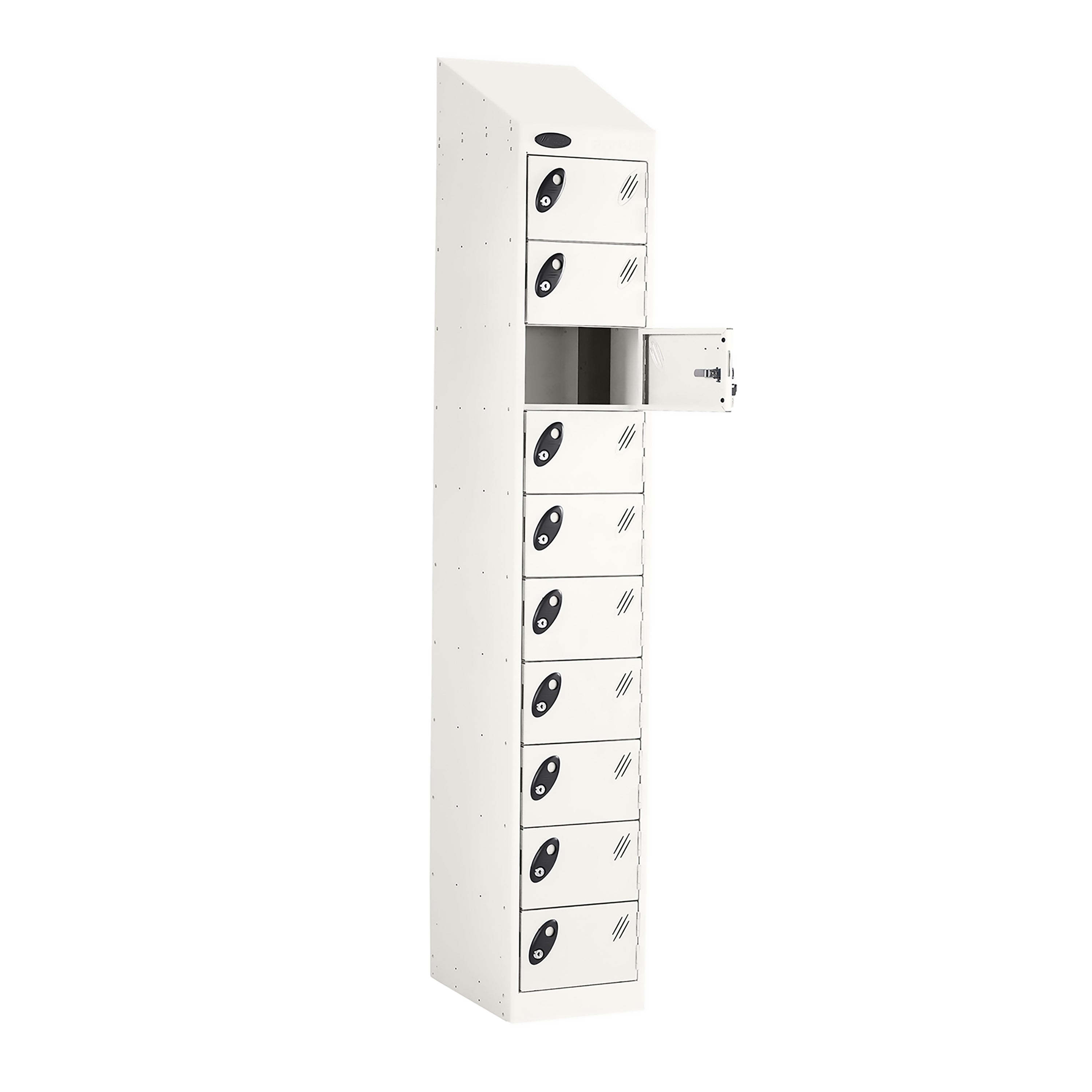 Probe PowerBox Locker — 10 Door, Sloping Top, 3-Pin UK Mains Charging — White Carcass / White Doors