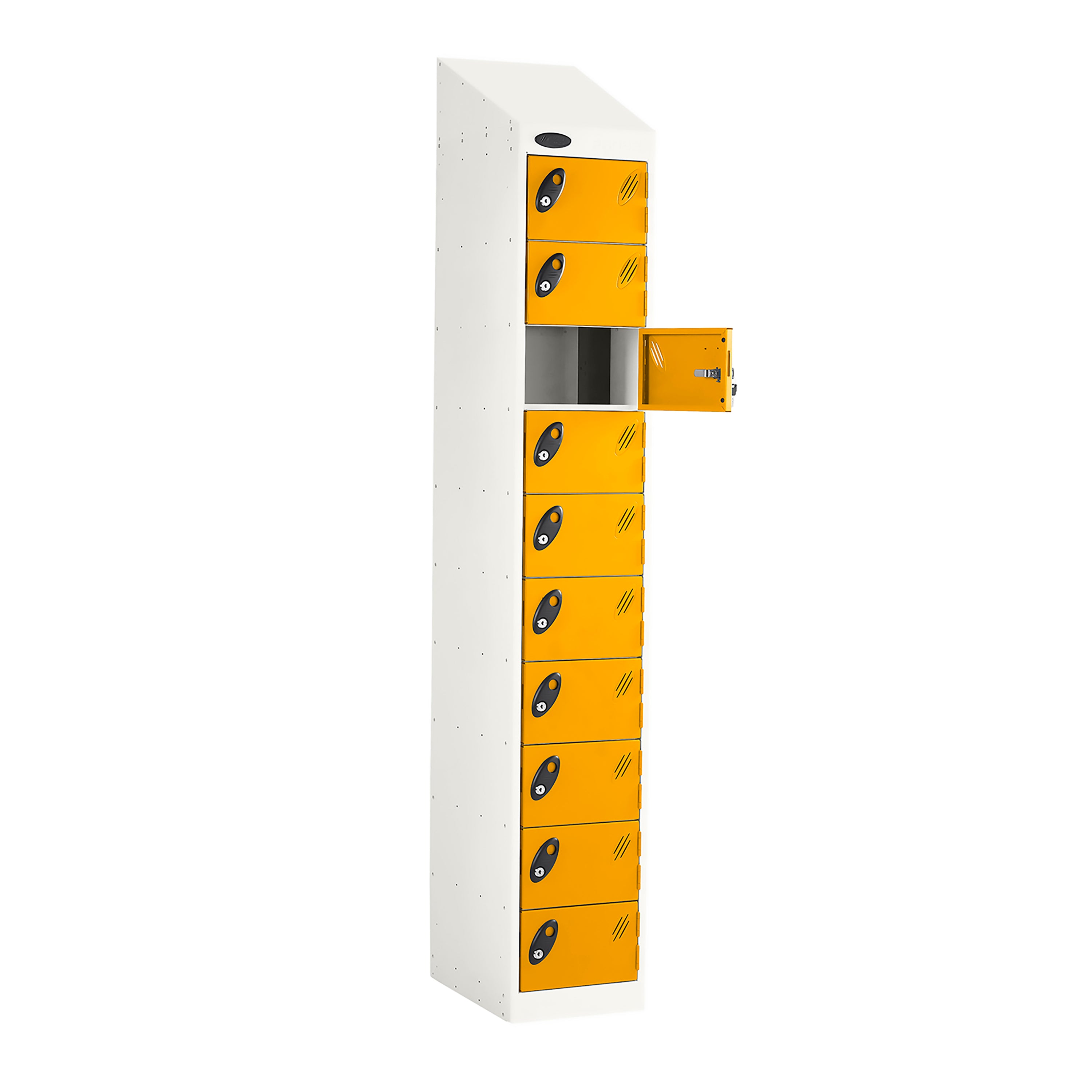 Probe PowerBox Locker — 10 Door, Sloping Top, 3-Pin UK Mains Charging — White Carcass / Yellow Doors