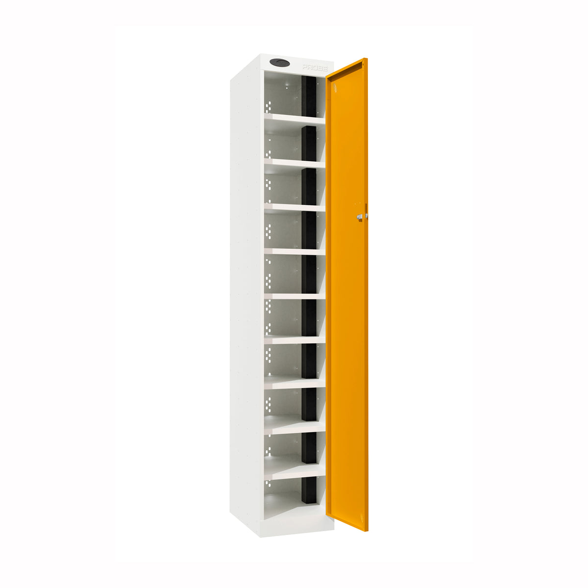 Probe PowerBox Locker — 10 Door, Flat Top, USB-A + USB-C Charging — White Carcass / Yellow Doors