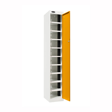 Probe PowerBox Locker — 10 Door, Flat Top, USB-A + USB-C Charging — White Carcass / Yellow Doors