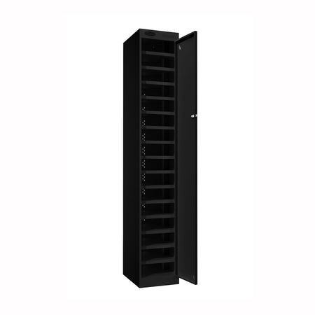 Probe PowerBox Locker — 16 Door, Flat Top, 3-Pin Mains + USB-A + USB-C Charging — Black Carcass / Black Doors