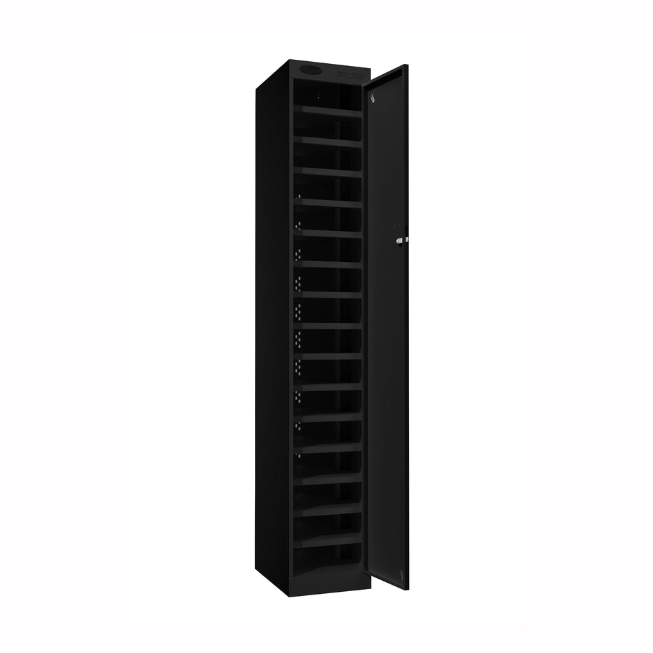 Probe PowerBox Locker — 16 Door, Flat Top, USB-A + USB-C Charging — Black Carcass / Black Doors