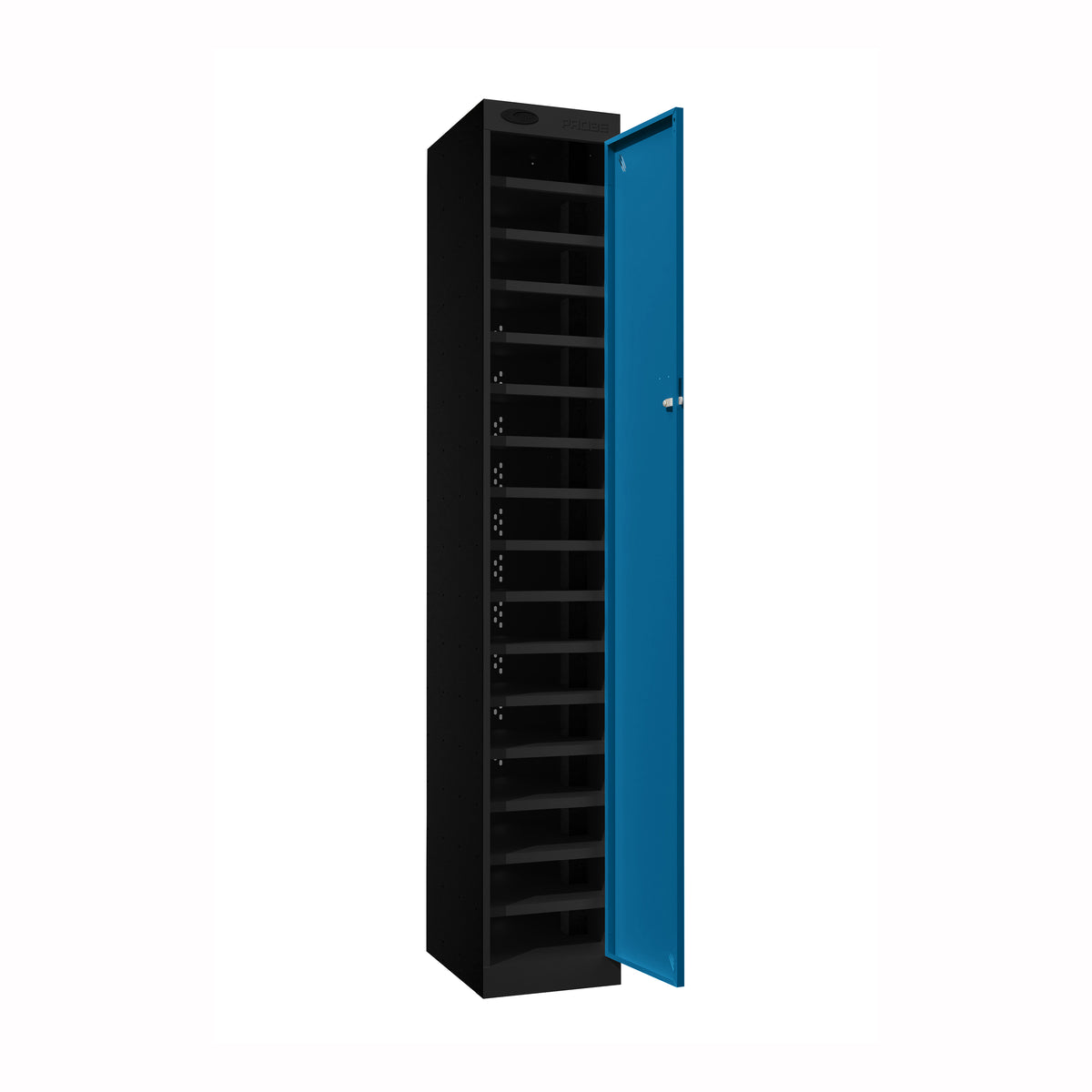Probe PowerBox Locker — 16 Door, Flat Top, 3-Pin UK Mains Charging — Black Carcass / Blue Doors