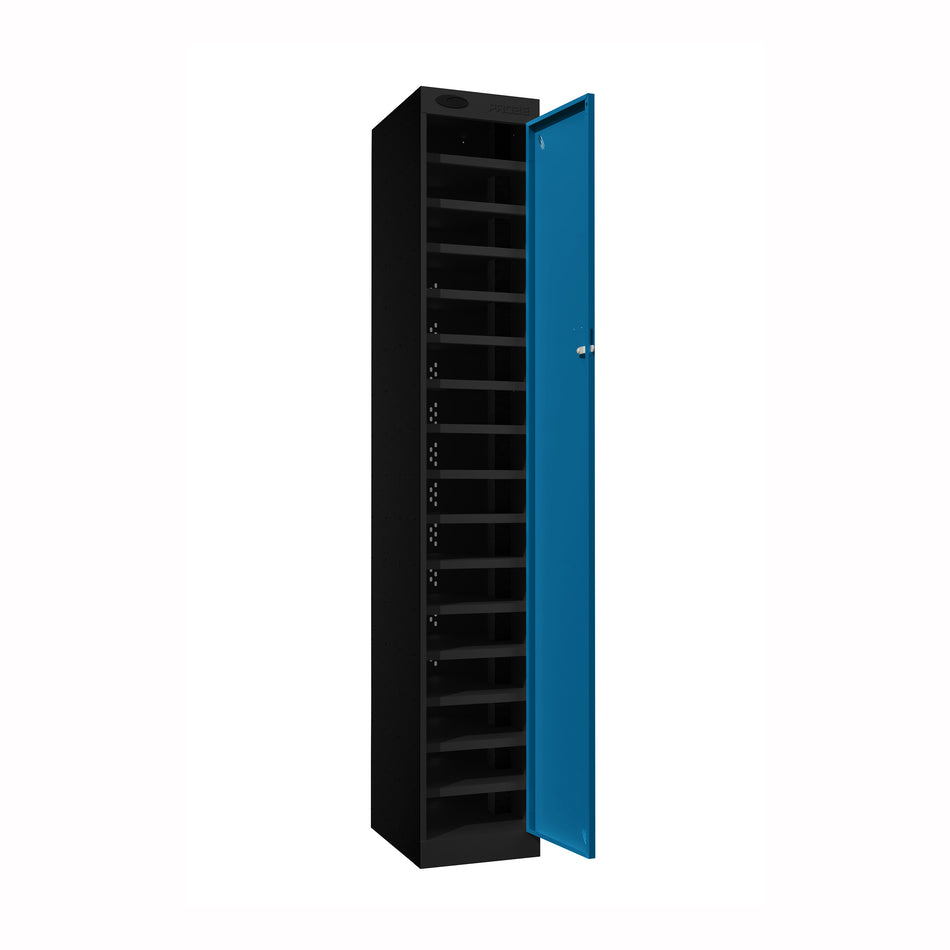 Probe PowerBox Locker — 16 Door, Flat Top, USB-A + USB-C Charging — Black Carcass / Blue Doors