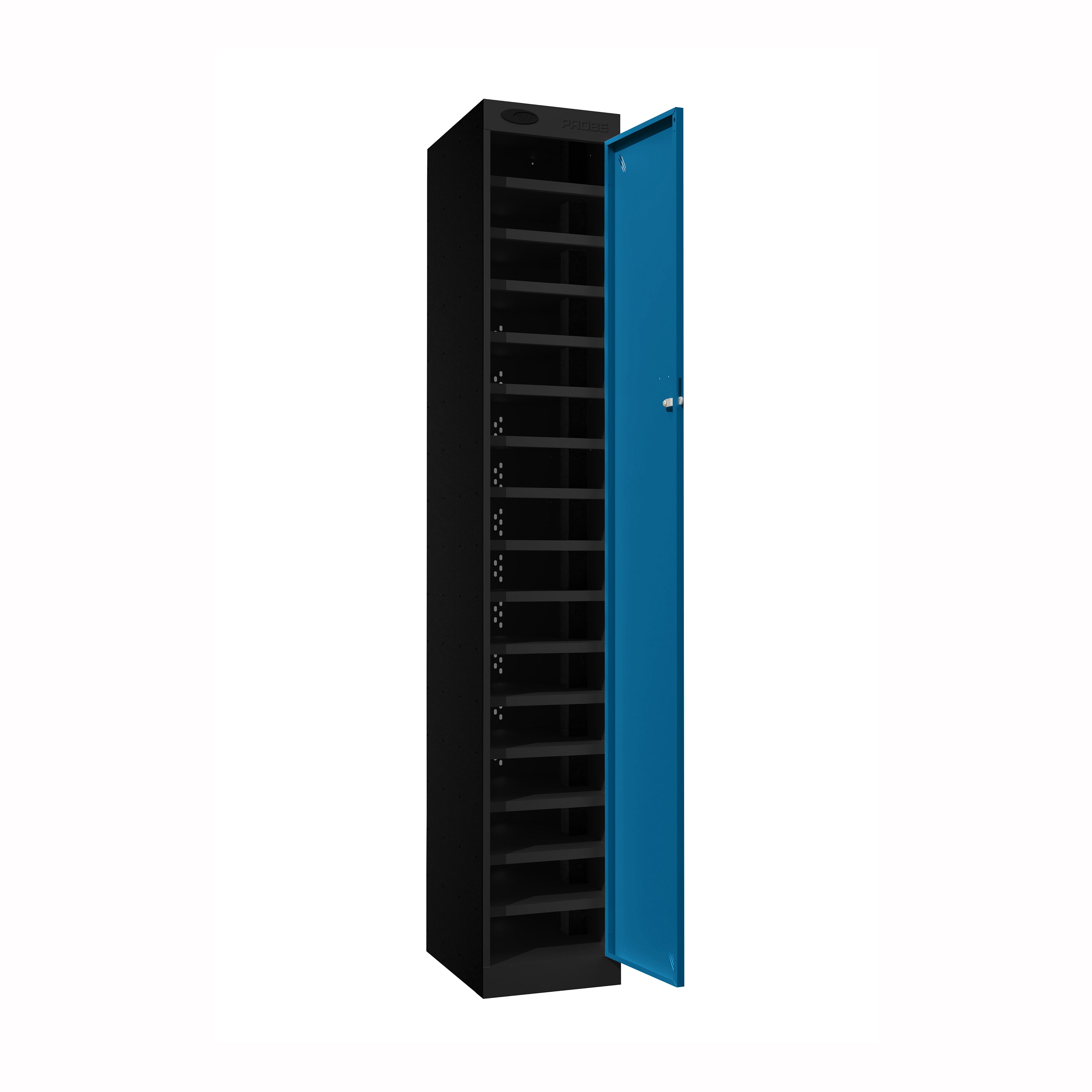 Probe PowerBox Locker — 16 Door, Flat Top, 3-Pin Mains + USB-A + USB-C Charging — Black Carcass / Blue Doors