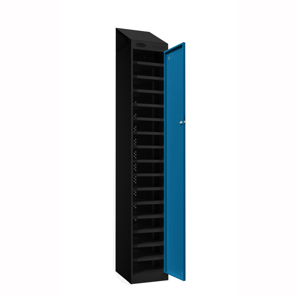 Probe PowerBox Locker — 16 Door, Sloping Top, USB-A + USB-C Charging — Black Carcass / Blue Doors