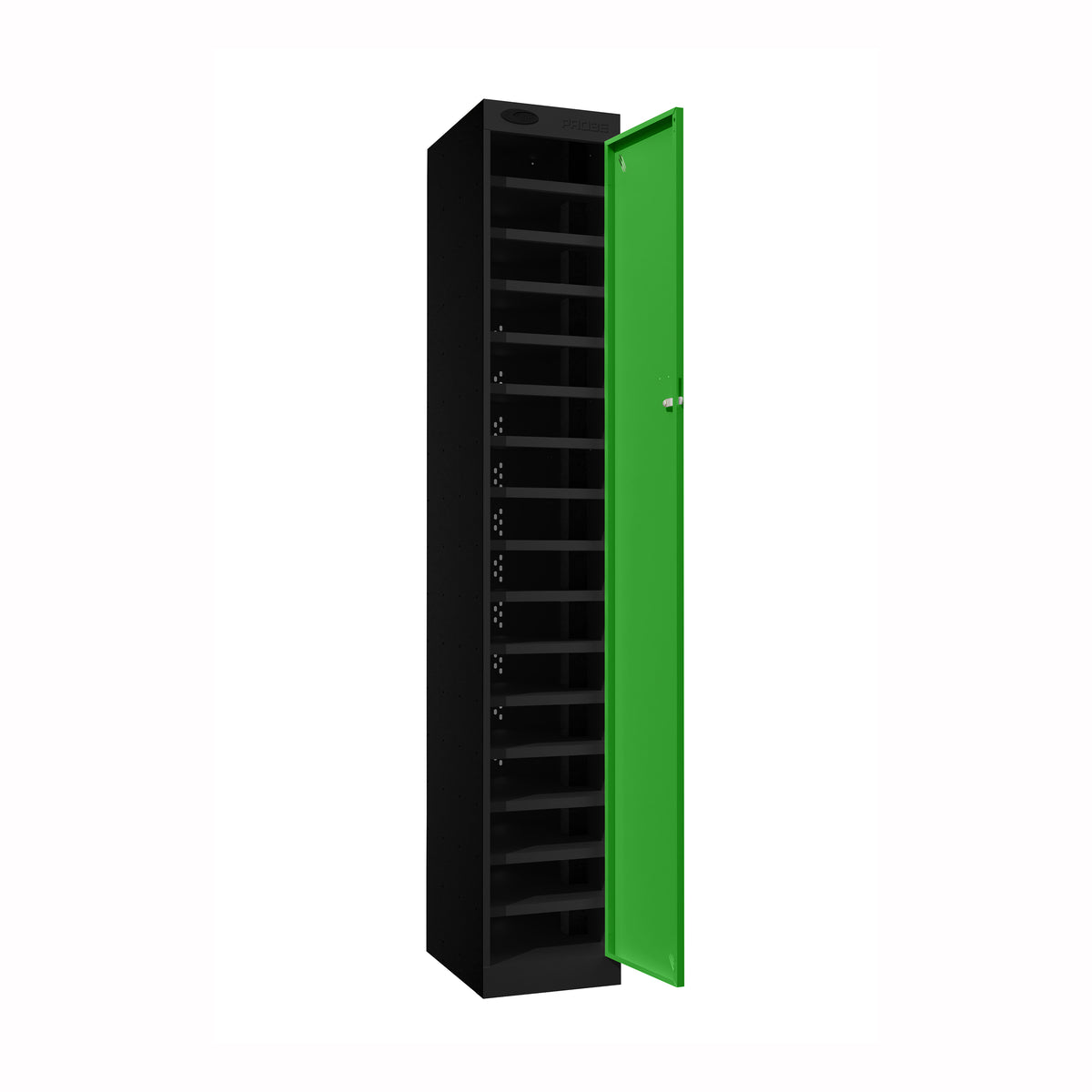 Probe PowerBox Locker — 16 Door, Flat Top, 3-Pin Mains + USB-A + USB-C Charging — Black Carcass / Green Doors