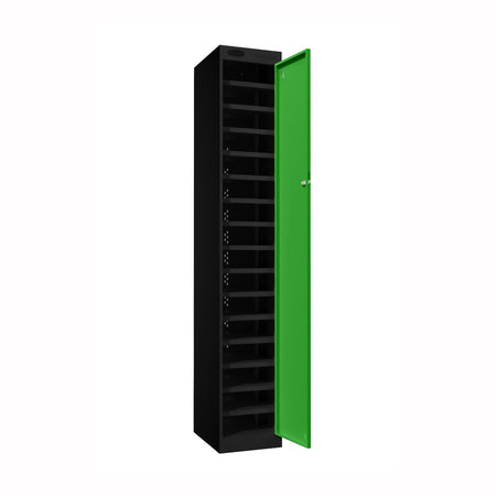 Probe PowerBox Locker — 16 Door, Flat Top, 3-Pin Mains + USB-A + USB-C Charging — Black Carcass / Green Doors