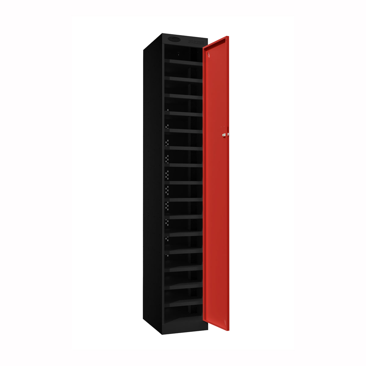 Probe PowerBox Locker — 16 Door, Flat Top, 3-Pin UK Mains Charging — Black Carcass / Red Doors